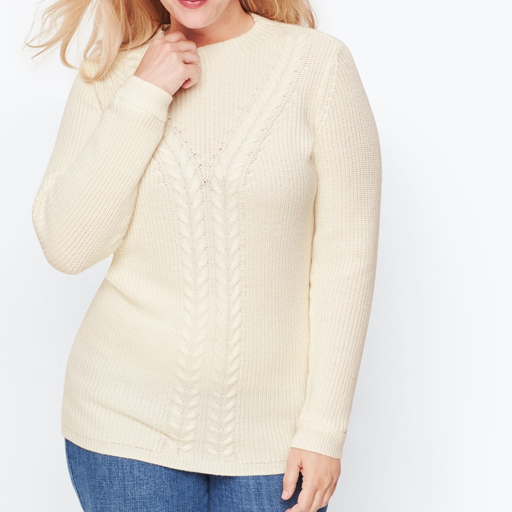 TALBOTS Ivory Lambswool Blend Cableknit Shaker Stitch Pullover Sweater PL